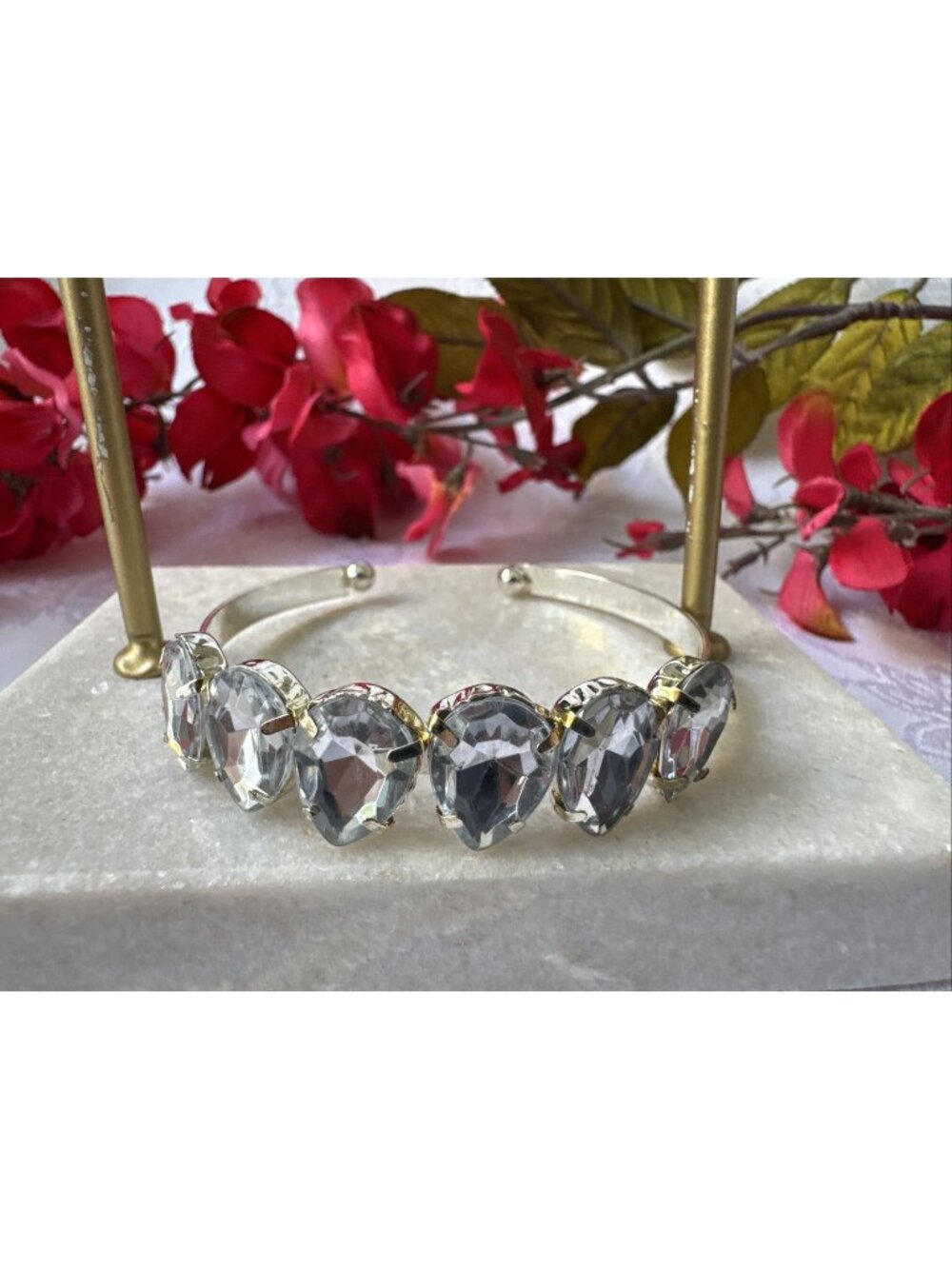Teardrop Faux Crystal Silver Gold Tone Rhinestone Cuff Bracelet Womens Party NEW